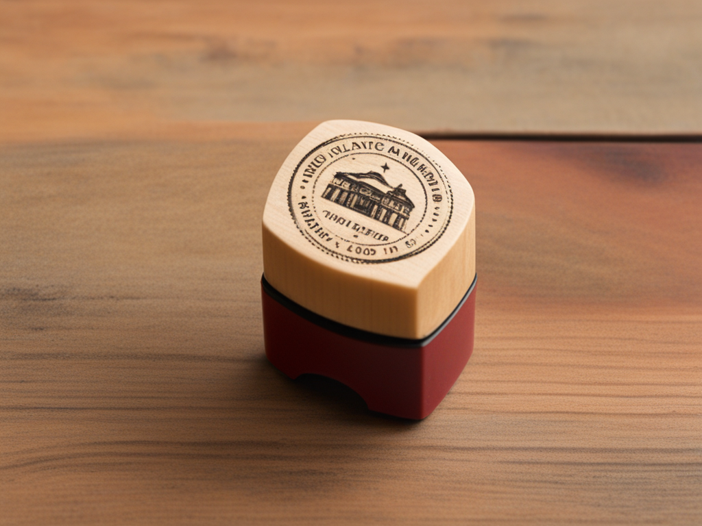 a business return address stamp with a logo